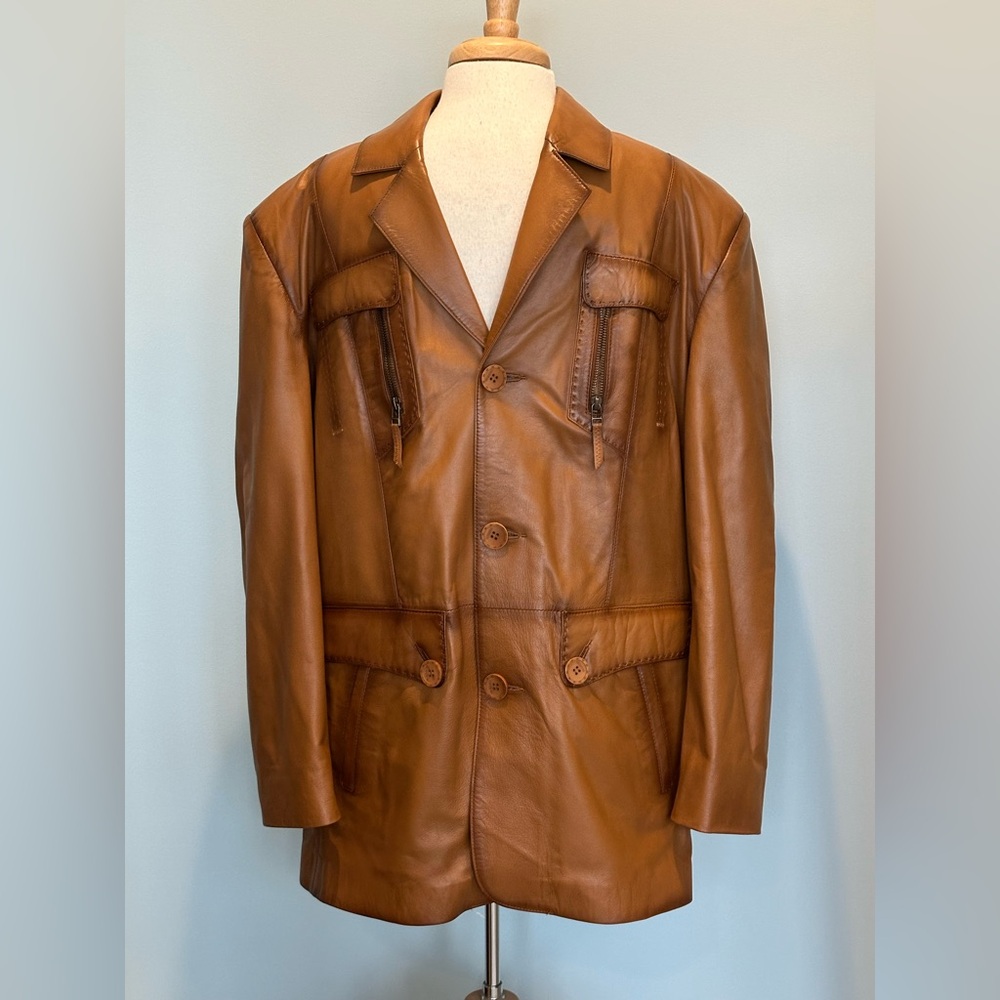 Marcello Sport Buckskin Leather Vintage Sport Jacket detailed Stitching Size XL